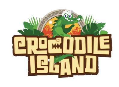 Logo "Crocodile Island" przedstawia sylwetkę krokodyla na tle tropikalnej wyspy.